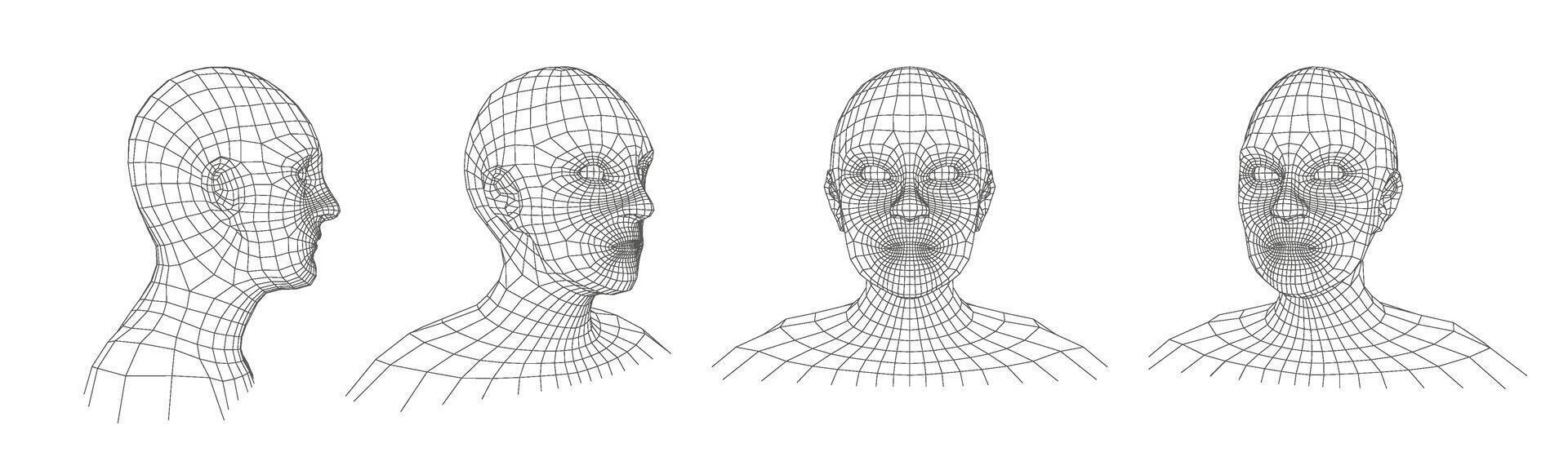 Wireframe human head. Retro wired mesh face, polygonal matrix man portrait and 3D hologram heads illustration set with editable stroke paths vector