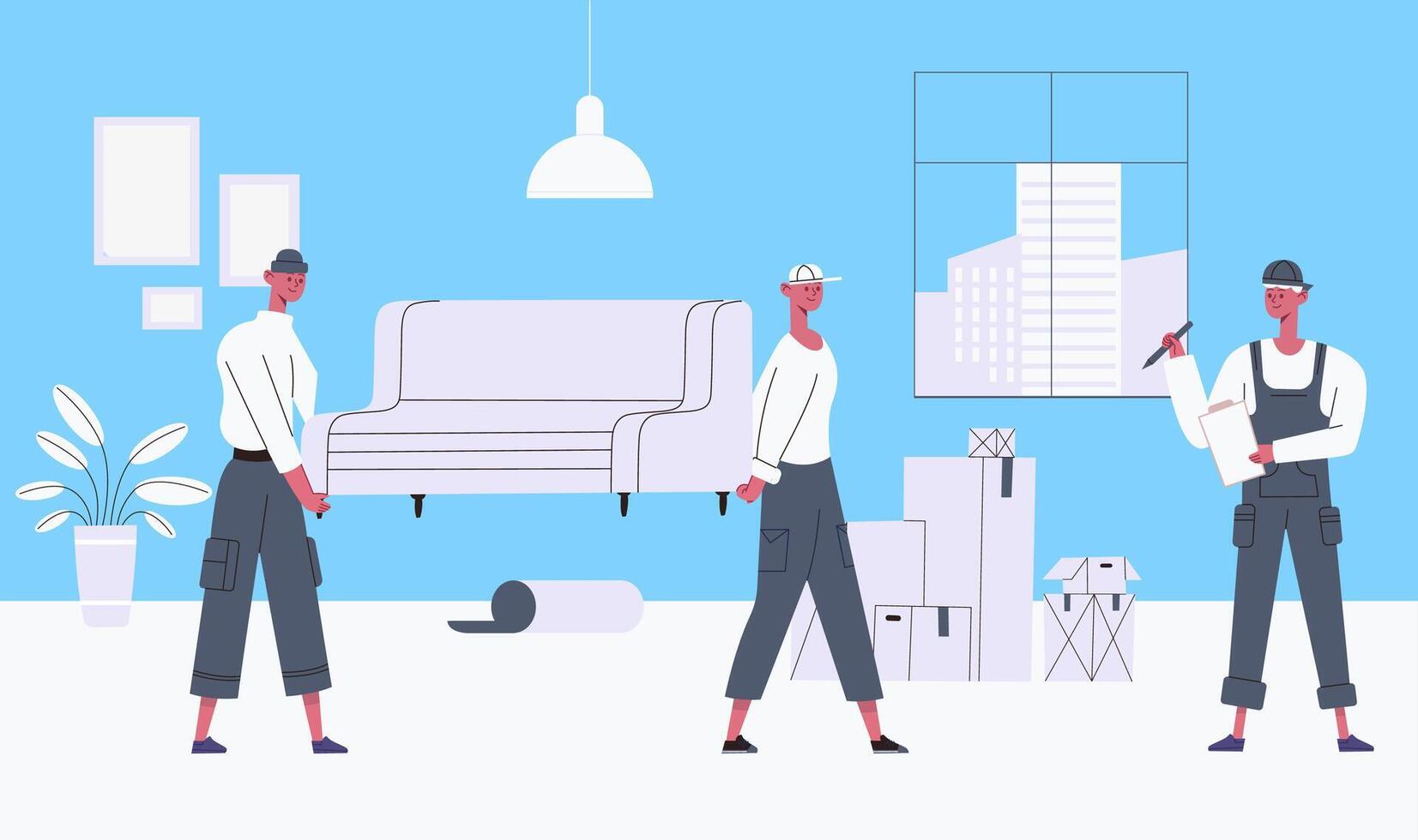 Moving out people, relocation in new place vector