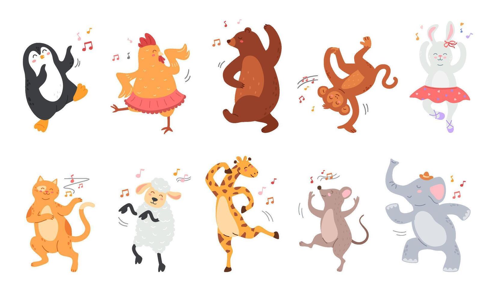 Cartoon dancing animals. Zoo characters in birthday party dance poses, happy animal mascot groove isolated illustration set vector