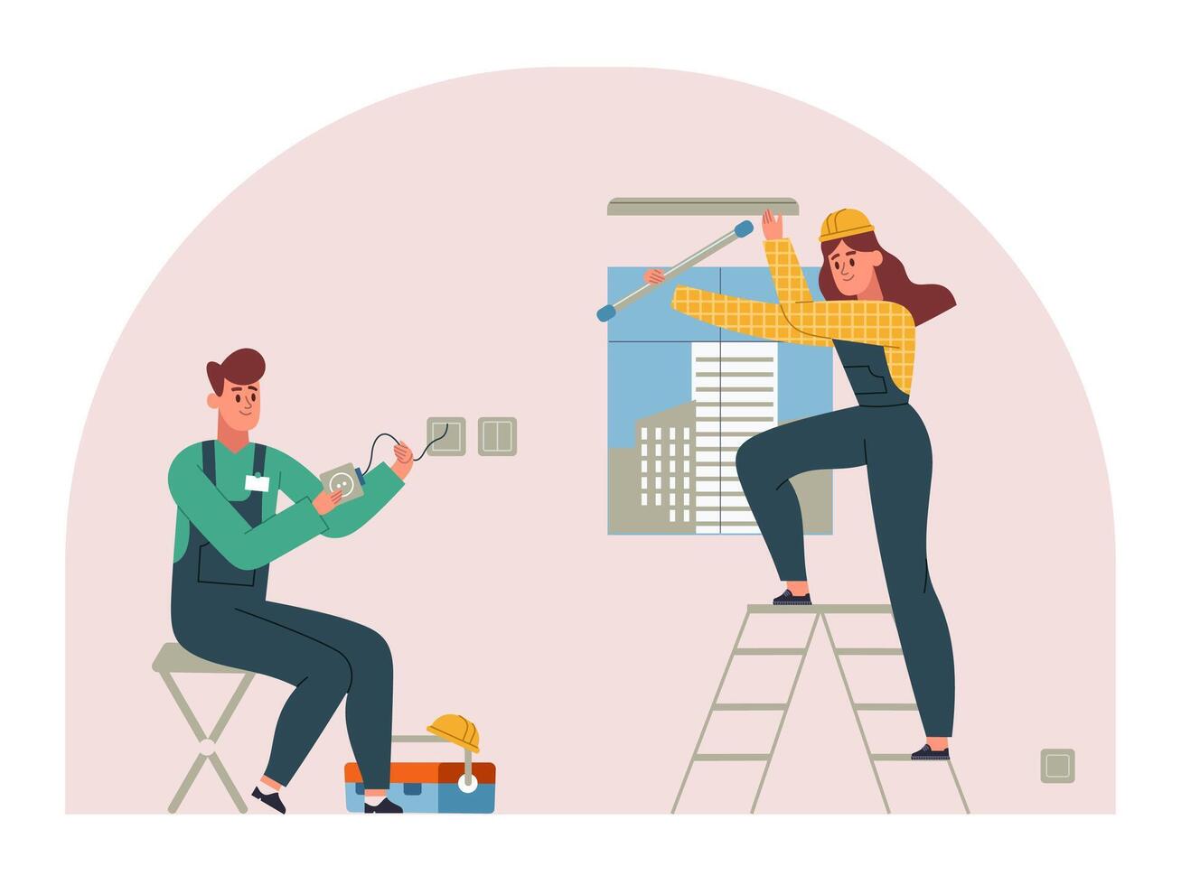 Professional electricians workers do necessary electrical installation vector
