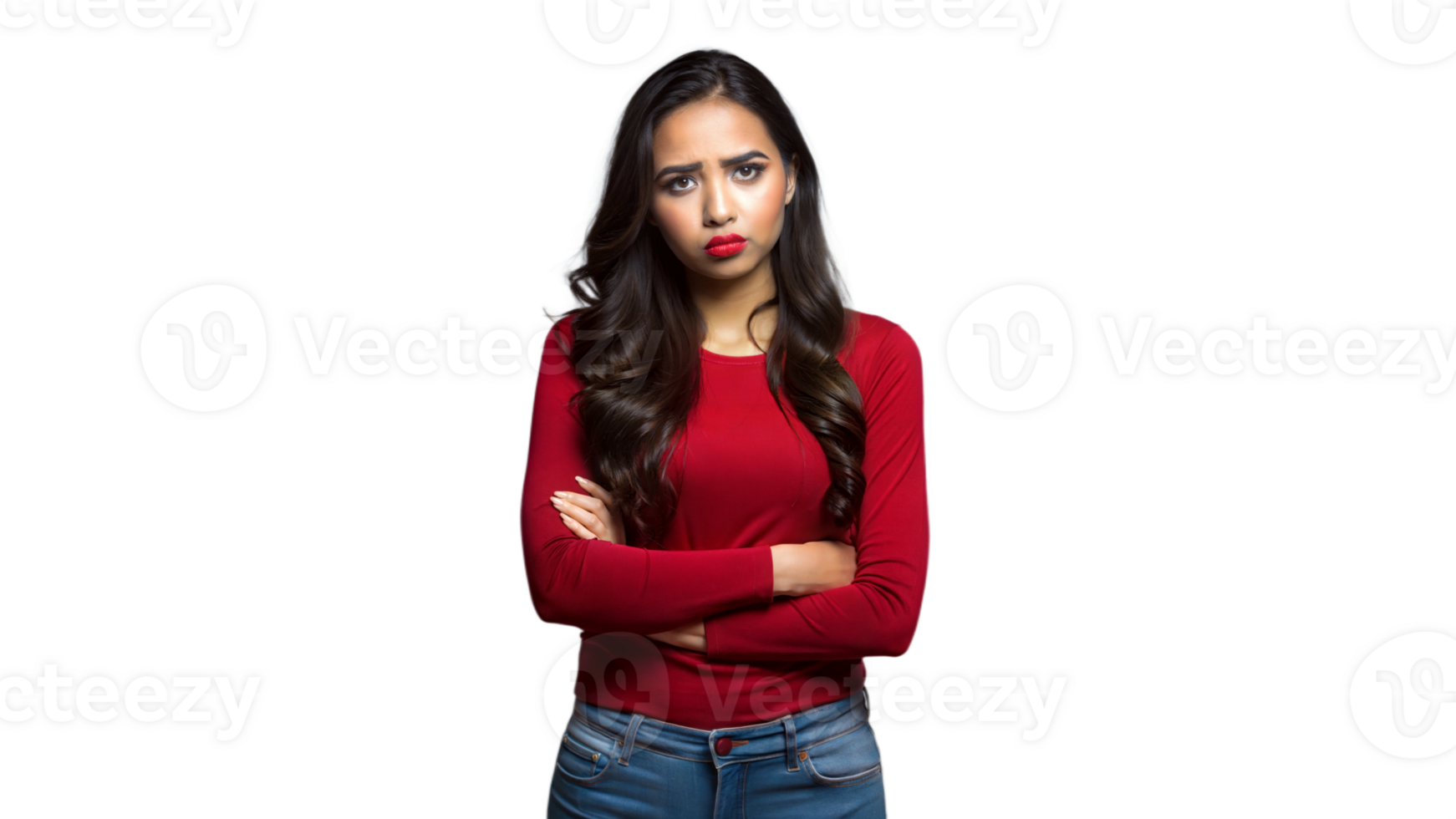 Young Woman With Long Hair Wearing Red Top Posing on a Transparent Background png