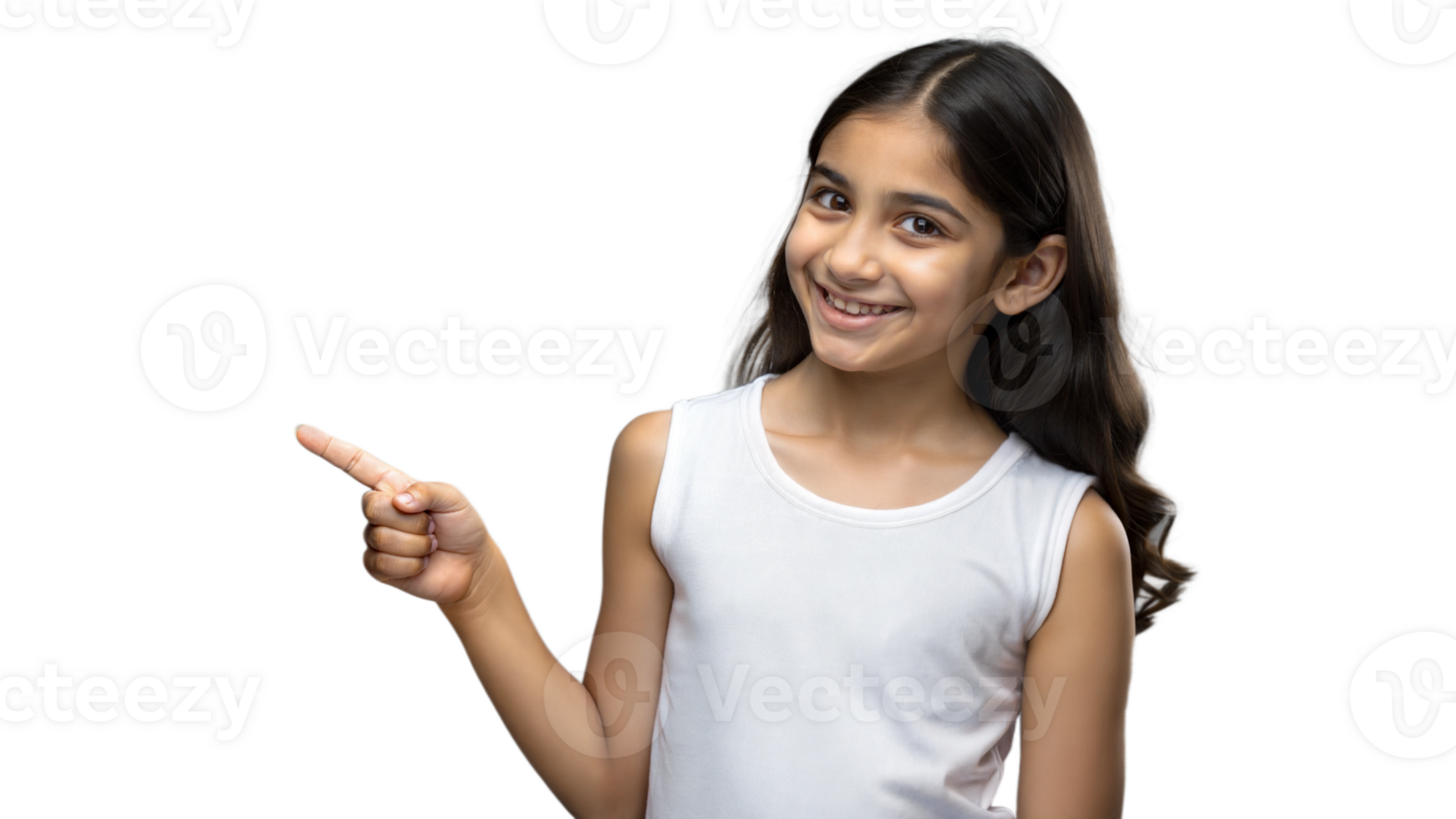 Young Girl Smiling and Pointing Left in Casual White Tank Top With Long Dark Hair png