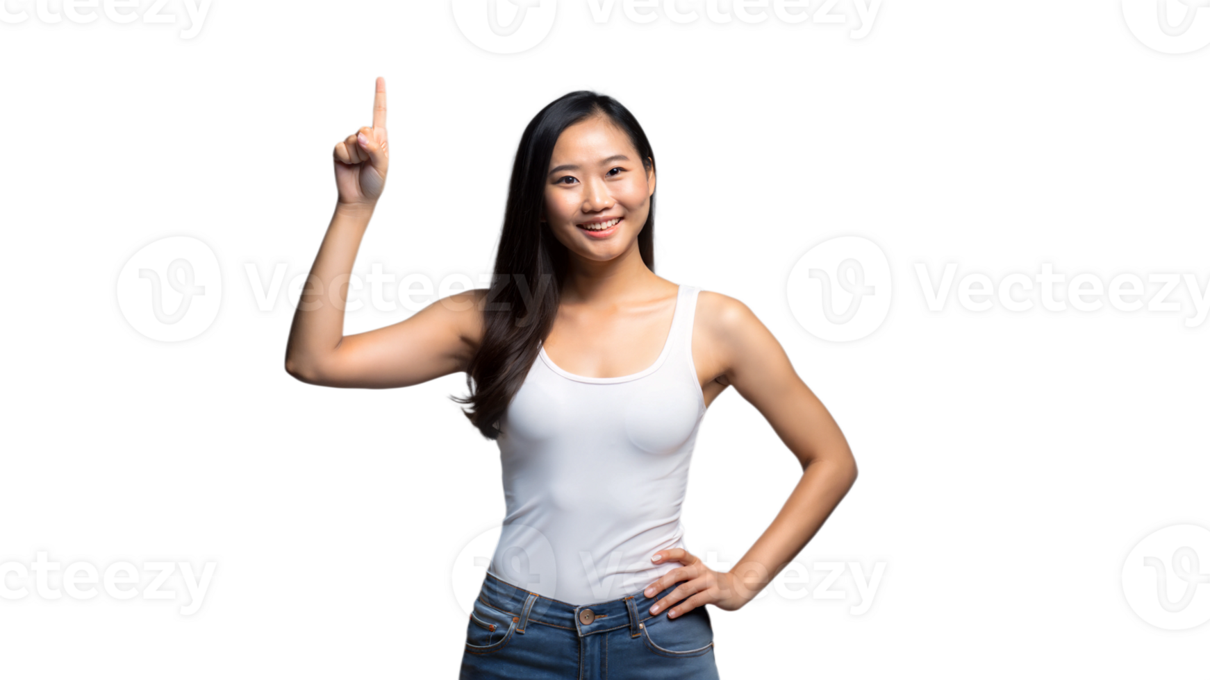 Young Woman in Casual Clothing Raising One Finger a Transparent Background png