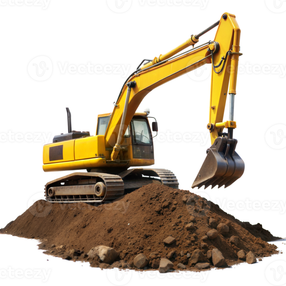 Heavy Yellow Excavator Digging Through Large Mound of Earth on Construction Site png