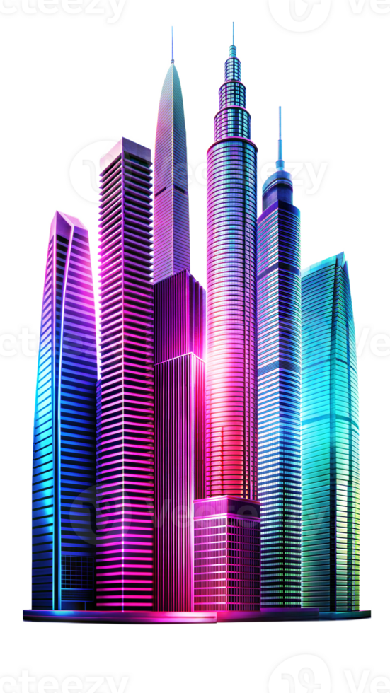 Vibrant City Skyline With Colorful Skyscrapers Illuminated At Night png