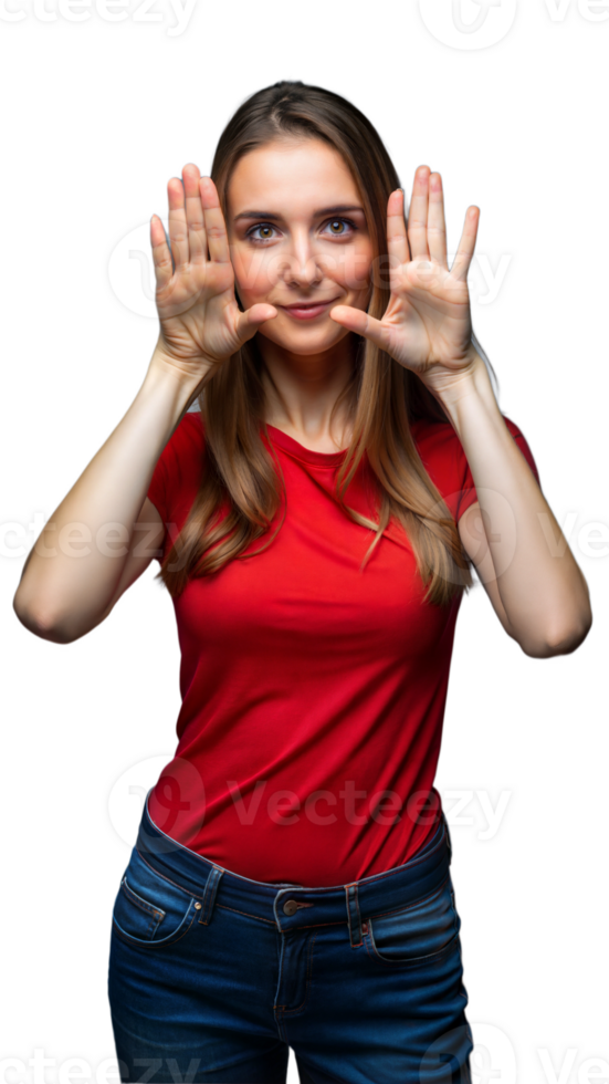 Young Woman in Red T-Shirt Gesturing With Hands png