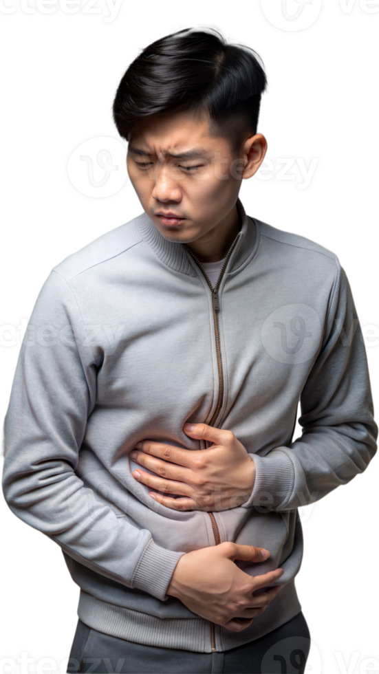 Young Man Experiencing Stomach Discomfort While Holding His Abdomen png