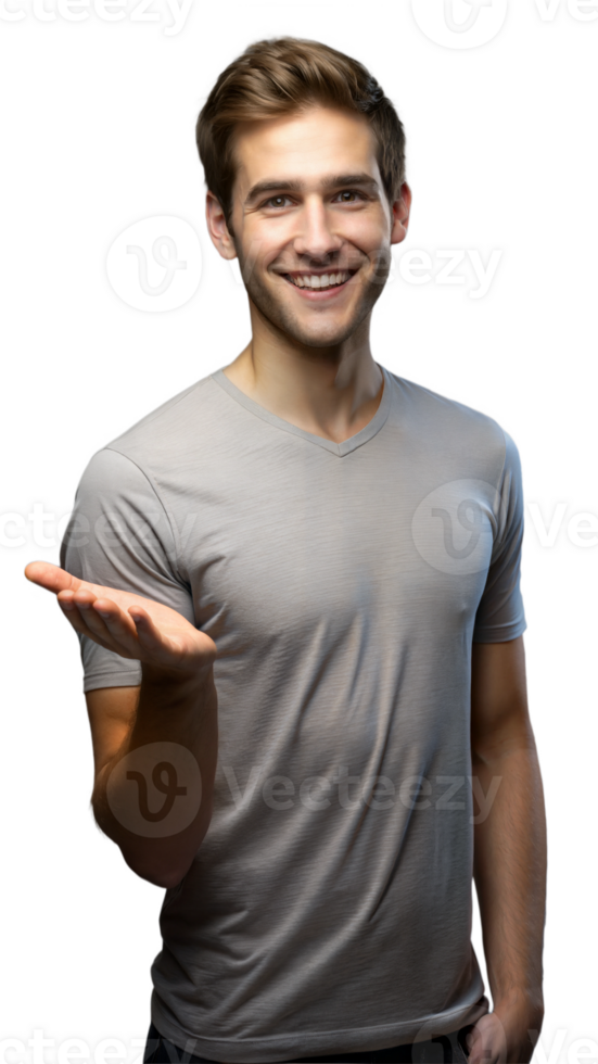 Young Man on Transparent Background Smiling with Open Hand Gestures in Casual Gray T-Shirt png