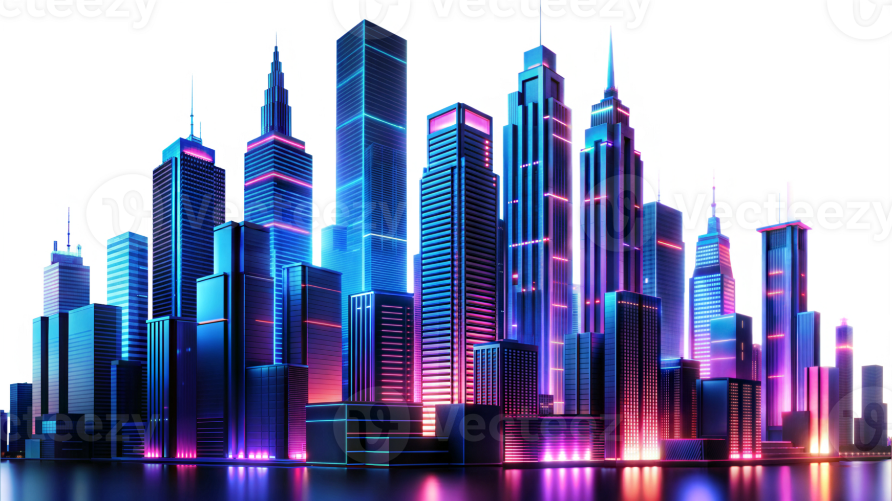 Futuristic City Skyline at Dusk With Neon Lights Reflecting on Water Surface png