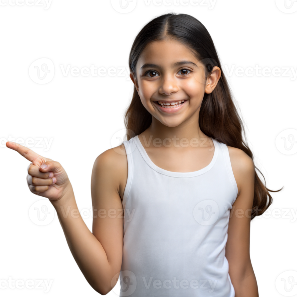 Young Girl with Long Hair Points Joyfully and Wears a White Sleeveless T-Shirt png