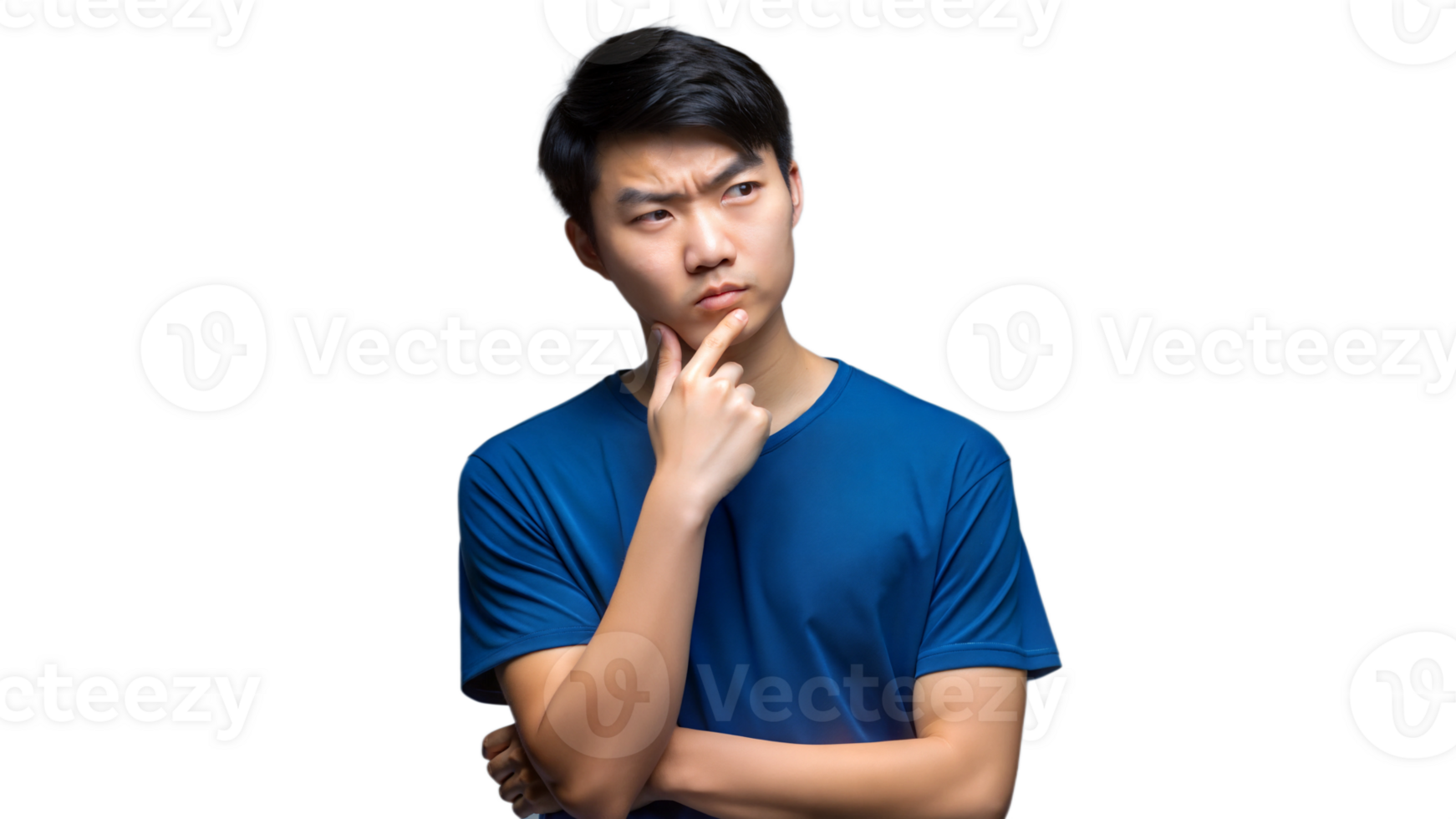 Young Man Pondering Thoughtfully While Wearing a Blue T-Shirt png