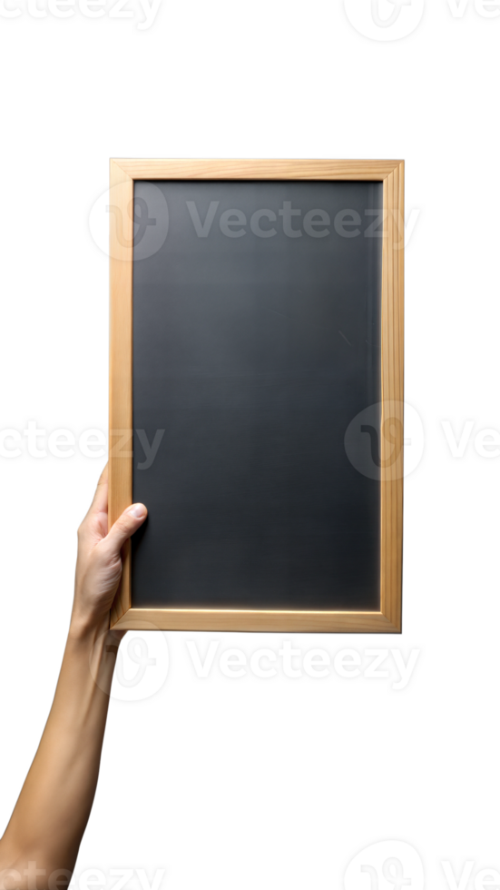 Hand holding a blackboard with wooden frame on transparent background. png