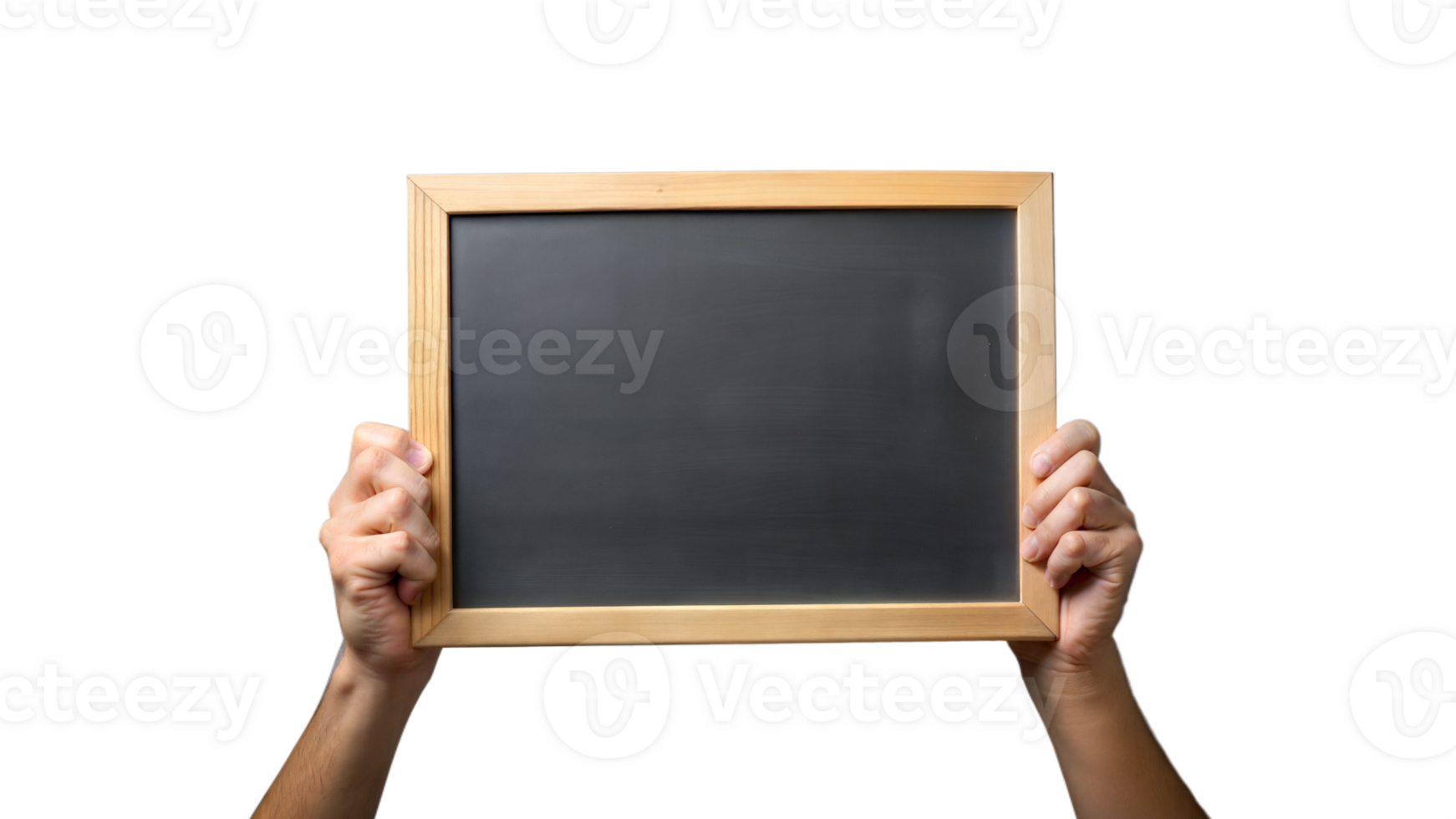 Hands holding a blackboard with wooden frame on transparent background. png