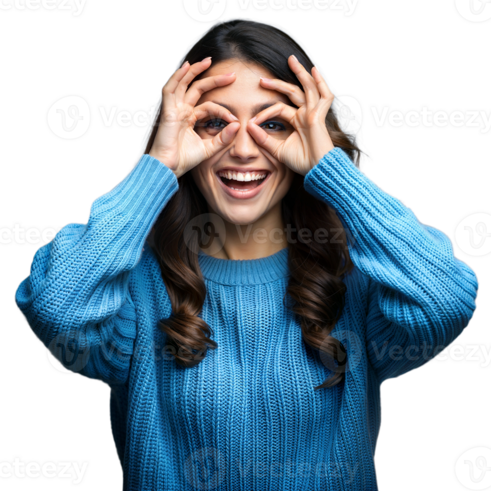 Young Woman Playfully Making Funny Gesture With Hands on Her Face in Casual Sweater png