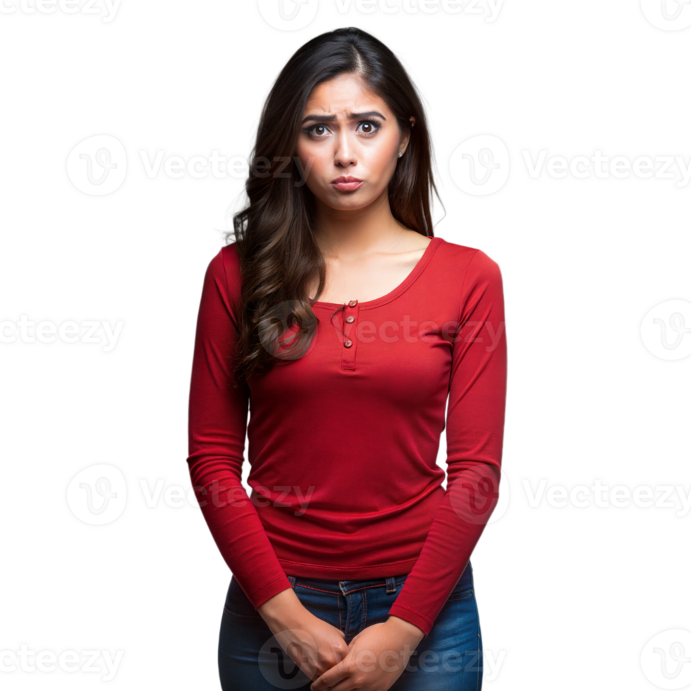 Young Woman With Concerned Expression Wearing Red Top png