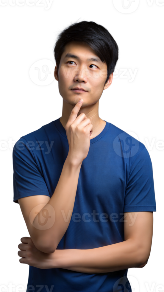 Young Man in Blue T-Shirt Thinking With a Pensive Expression png
