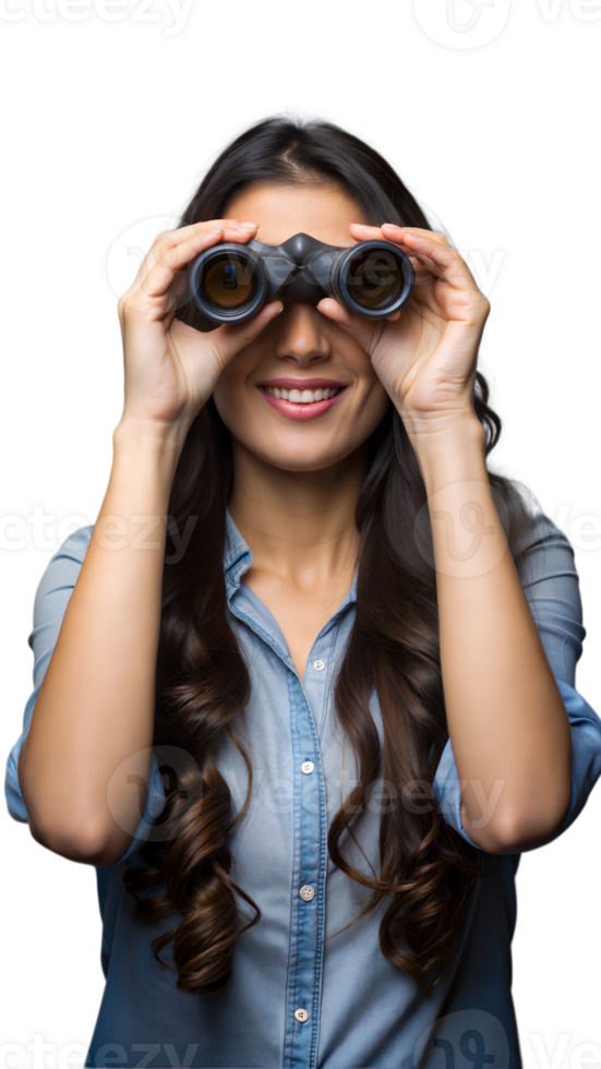 Young Woman Observing Distant Scenery Through Binoculars While Smiling png