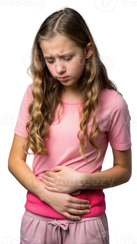 A young girl grimacing in pain, holding her stomach with a pained expression on her face. png