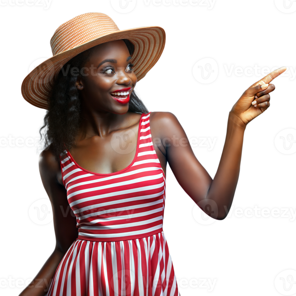 Young Woman Wearing Straw Hat and Striped Dress Pointing Joyfully png