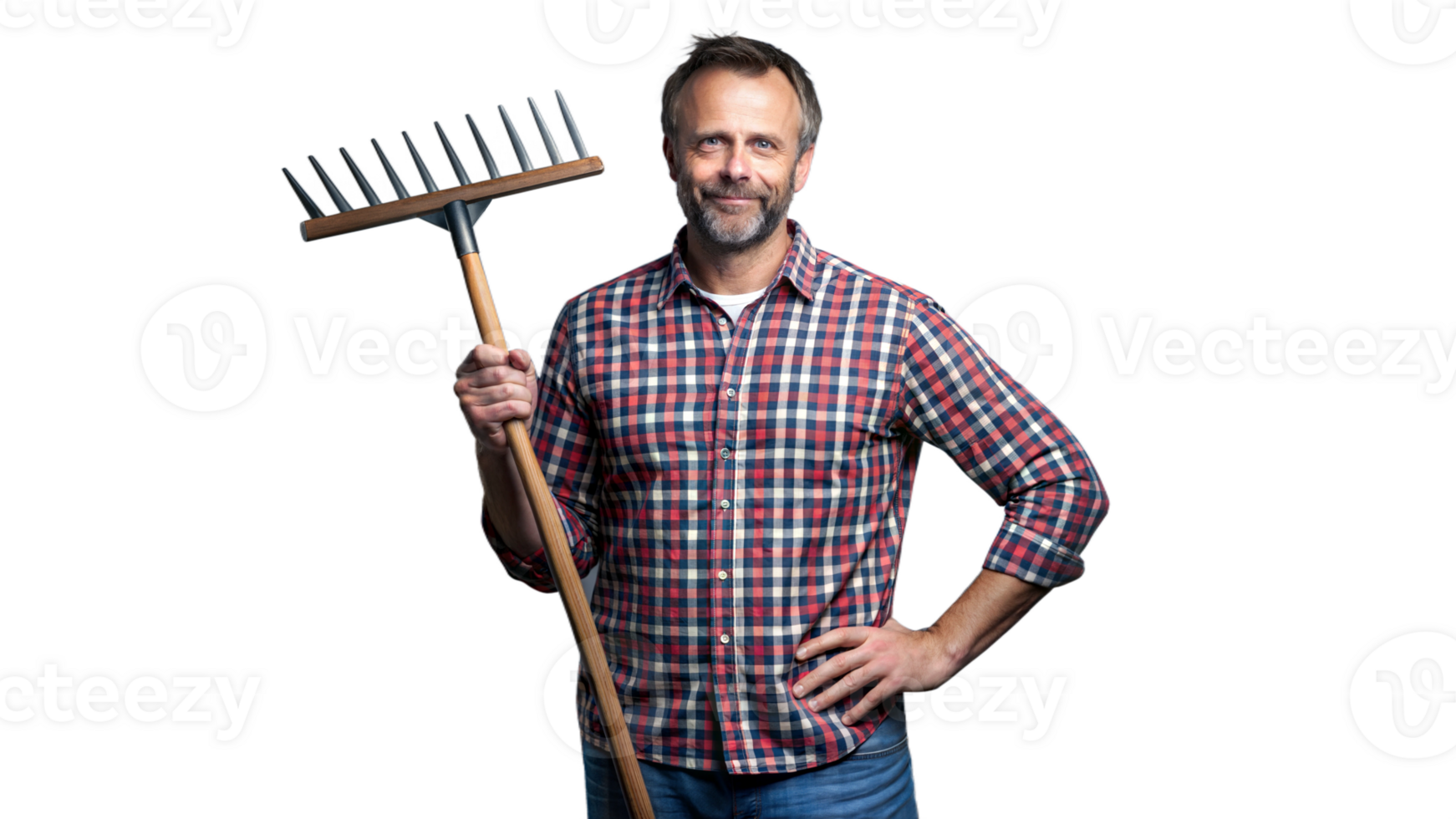 Smiling Man in Checkered Shirt Holds Garden Rake Ready for Yard Work png
