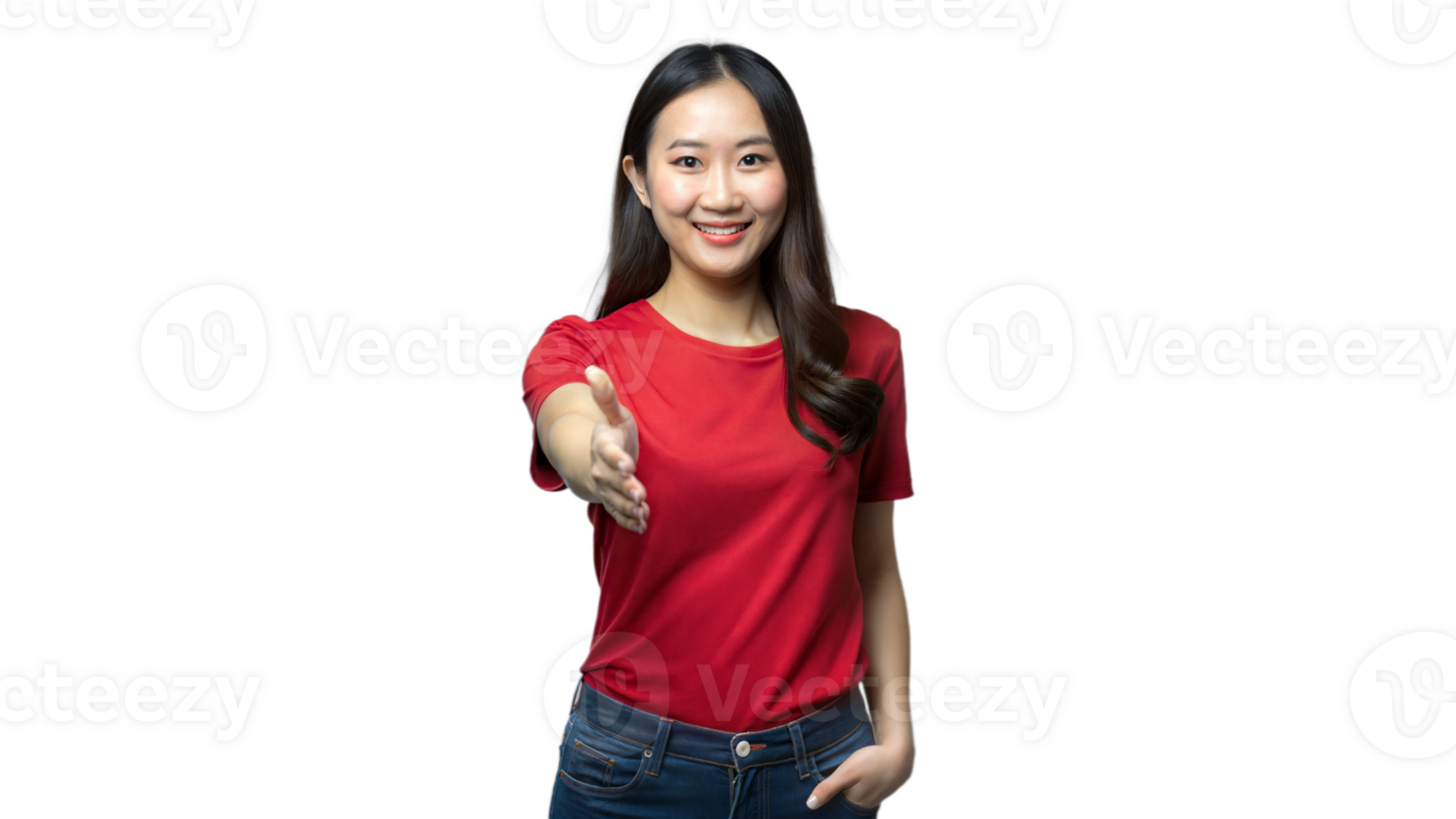 Woman Extending Hand for a Friendly Greeting in Casual Red T-Shirt png