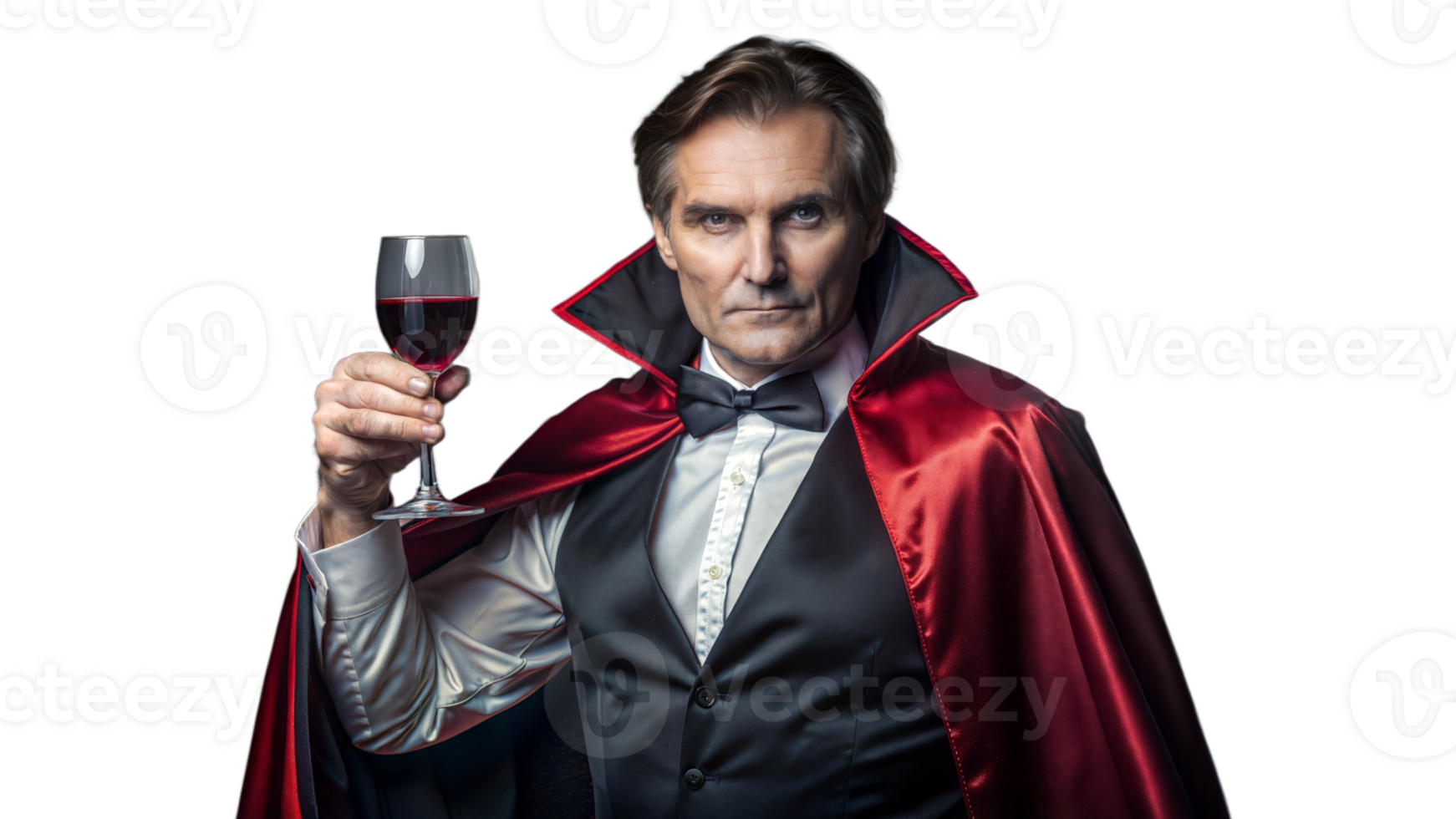 Elegant Man Dressed as a Vampire Holding a Glass of Red Wine at a Halloween Party png