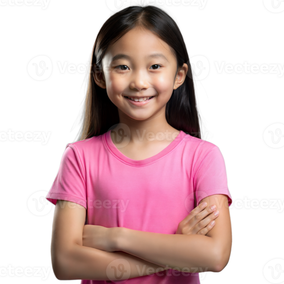 Young Girl in Pink Shirt Smiling With Arms Crossed Against Transparent Background png