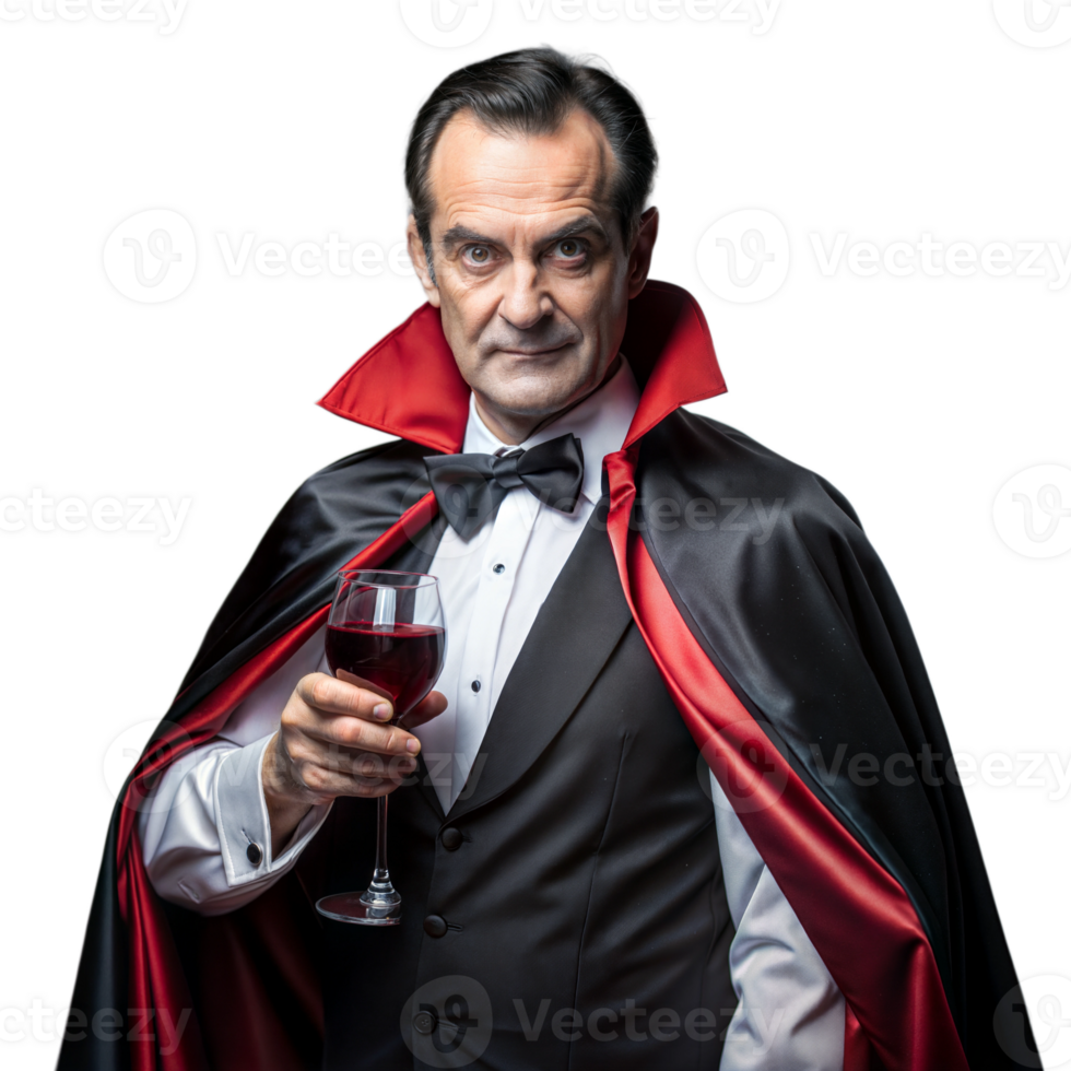 Elegant Man in Classic Vampire Costume Holding a Glass of Red Drink During Halloween Celebration png