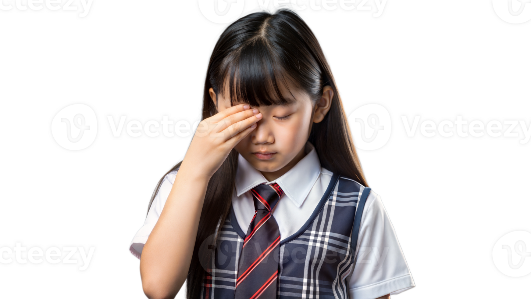 Young Student in School Uniform Holding Forehead Expressing Frustration png