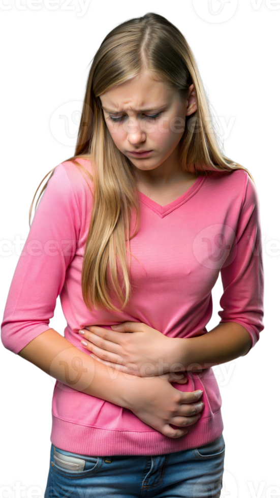 A young girl grimacing in pain, holding her stomach with a pained expression on her face. png