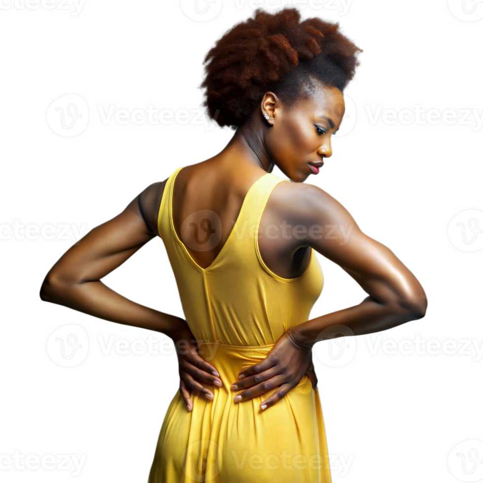 A woman in a yellow dress standing confidently with her hands on her hips. png