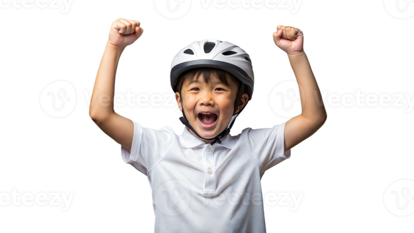 Young Boy Celebrating Joyfully in a White T-Shirt and Bicycle Helmet With Raised Fists in a Bright Space png