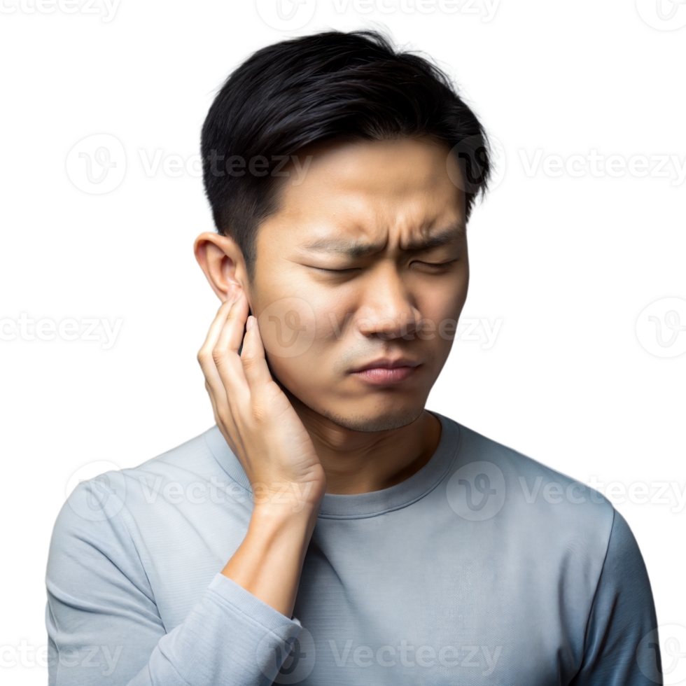 Asian man holding his ear in pain on a transparent background. png