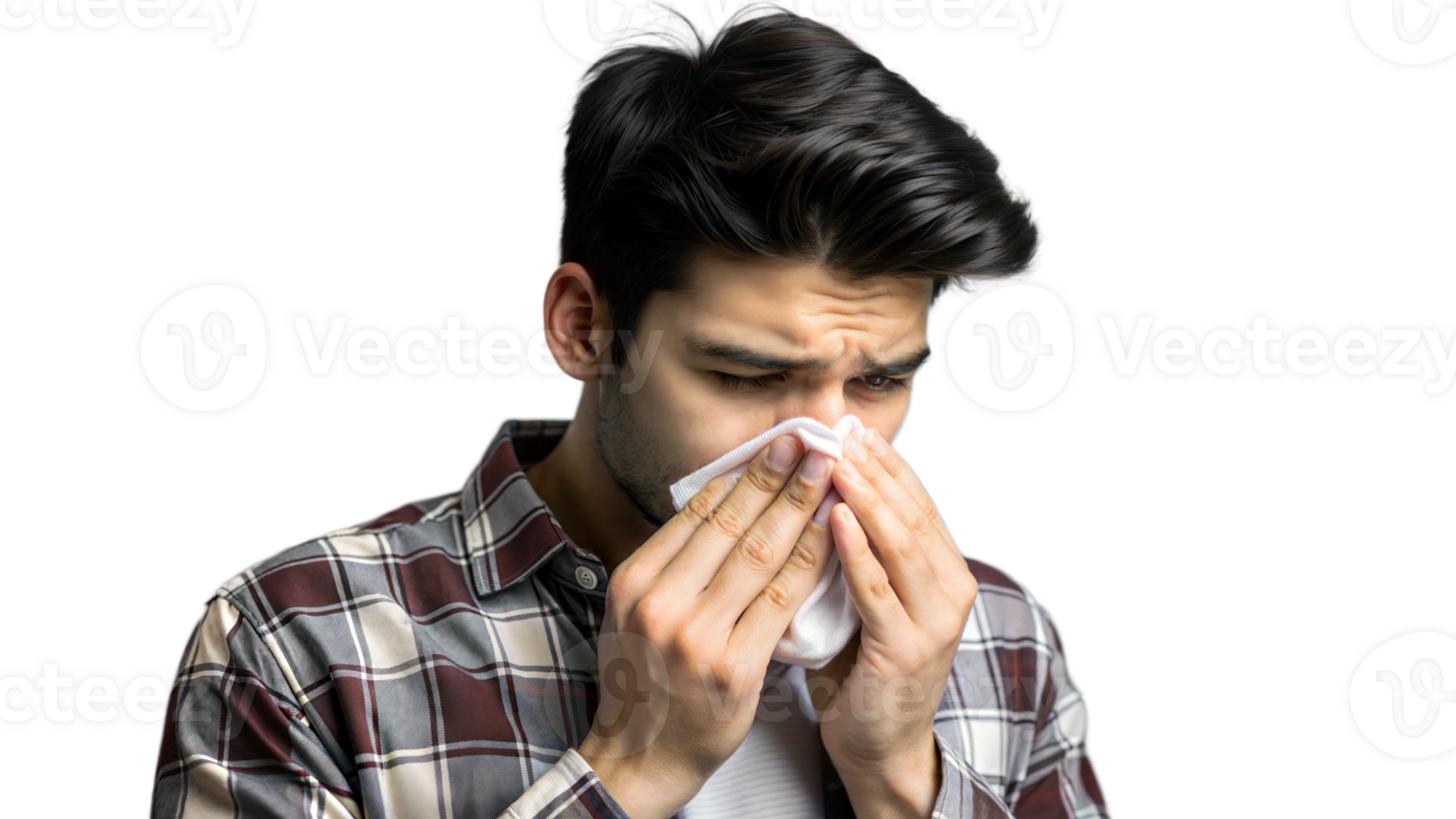 A man sneezes and blows his nose with a tissue. png