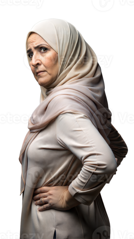 A woman in a hijab standing confidently with hands on hips. png