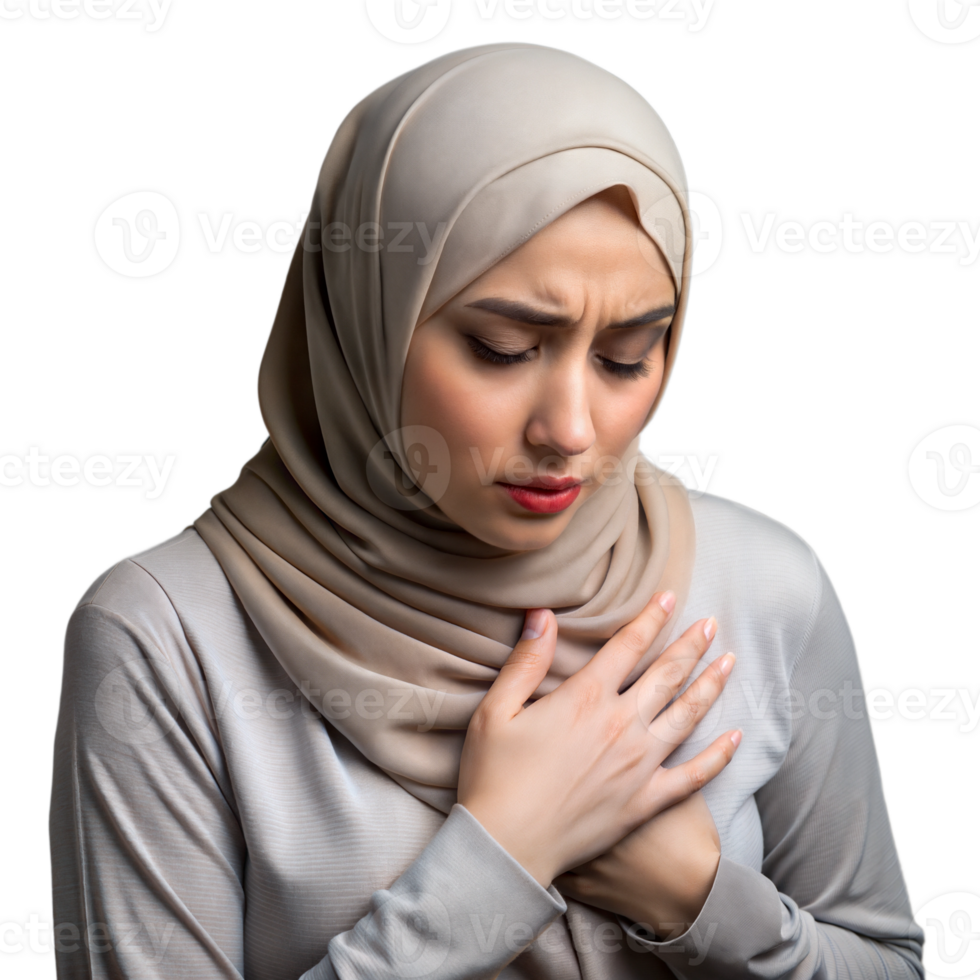 Emotional Young Woman in Beige Hijab Clutching Chest Transparent Background png