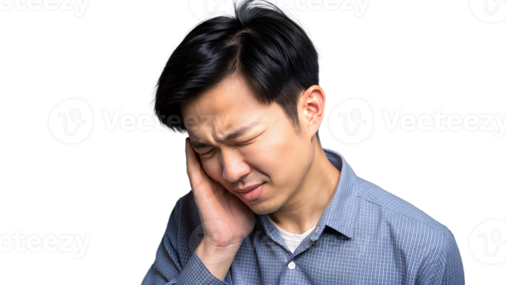 Asian man holding his ear in pain on a transparent background. png