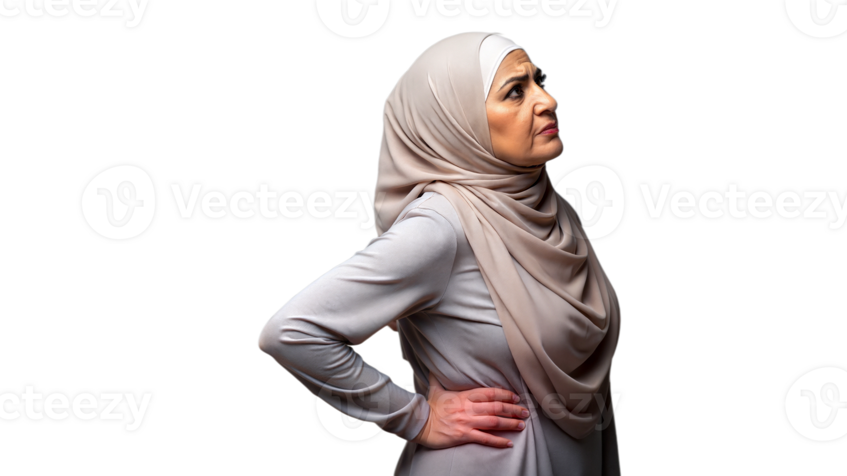 Middle-Aged Woman Gripping Her Lower Back While Standing Against a Transparent Background png