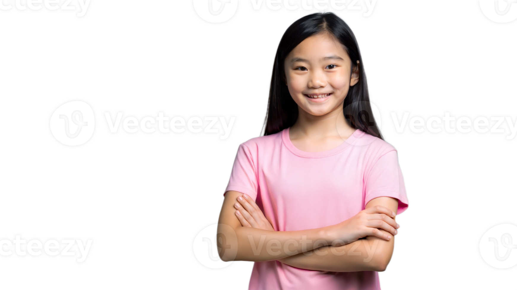 Young Girl in Pink Shirt Smiling with Arms Crossed in Front of Transparent Background. png