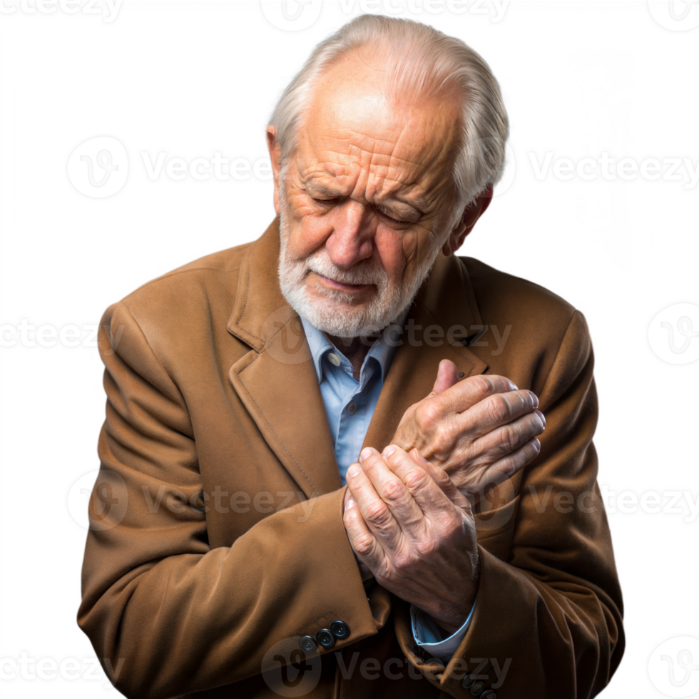 Elderly Man in Brown Jacket Expresses Discomfort While Rubbing His Wrist png