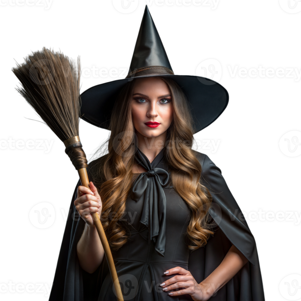 A woman dressed as a witch for Halloween, holding a broom. png