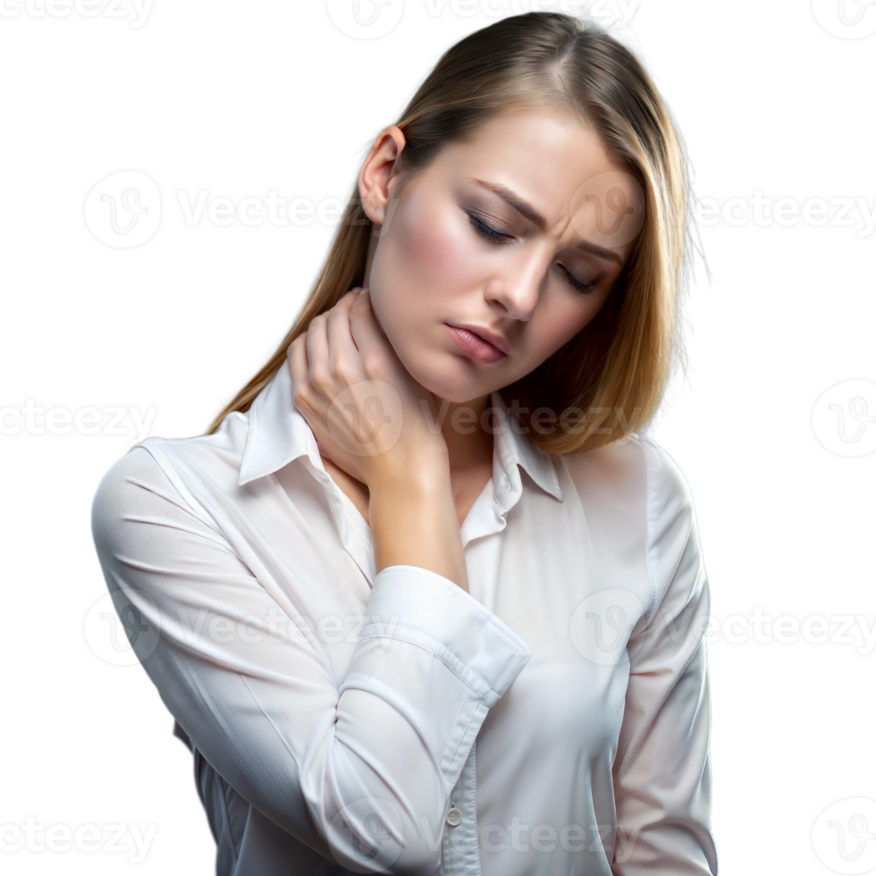 Woman holding her neck in pain, isolated on transparent background. png