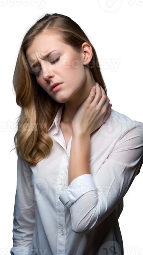 Woman holding her neck in pain, isolated on transparent background. png