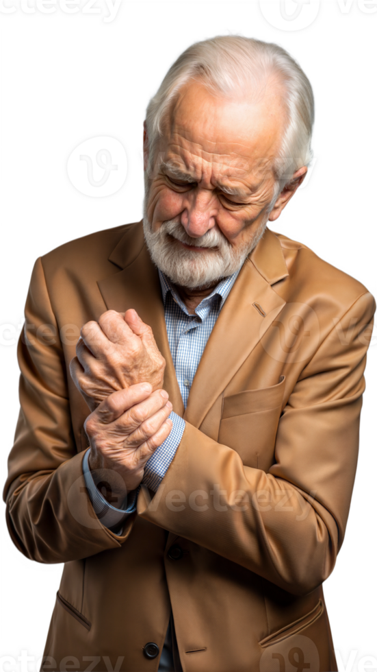 Elderly Man in Brown Suit Experiencing Discomfort While Holding His Wrist png