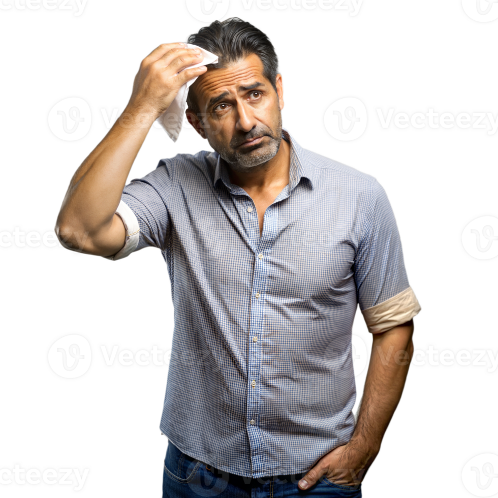 A man who looks overwhelmed and is wiping sweat from his forehead in annoyance. png