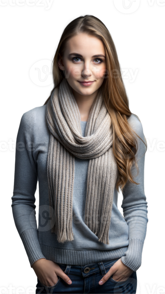 A woman wearing a scarf and sweater, looking cozy and stylish on a chilly day. png