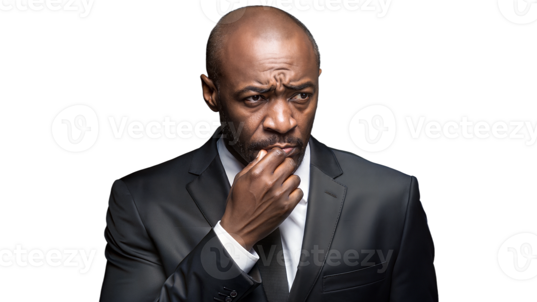 A man in a suit covers his mouth with his hand and shows a thoughtful expression. png