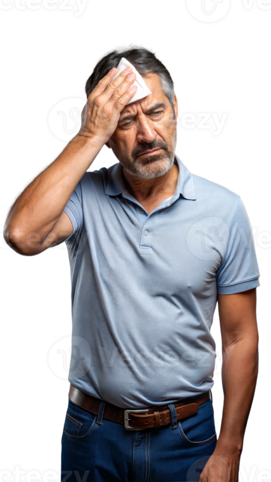 A man who looks overwhelmed and is wiping sweat from his forehead in annoyance. png