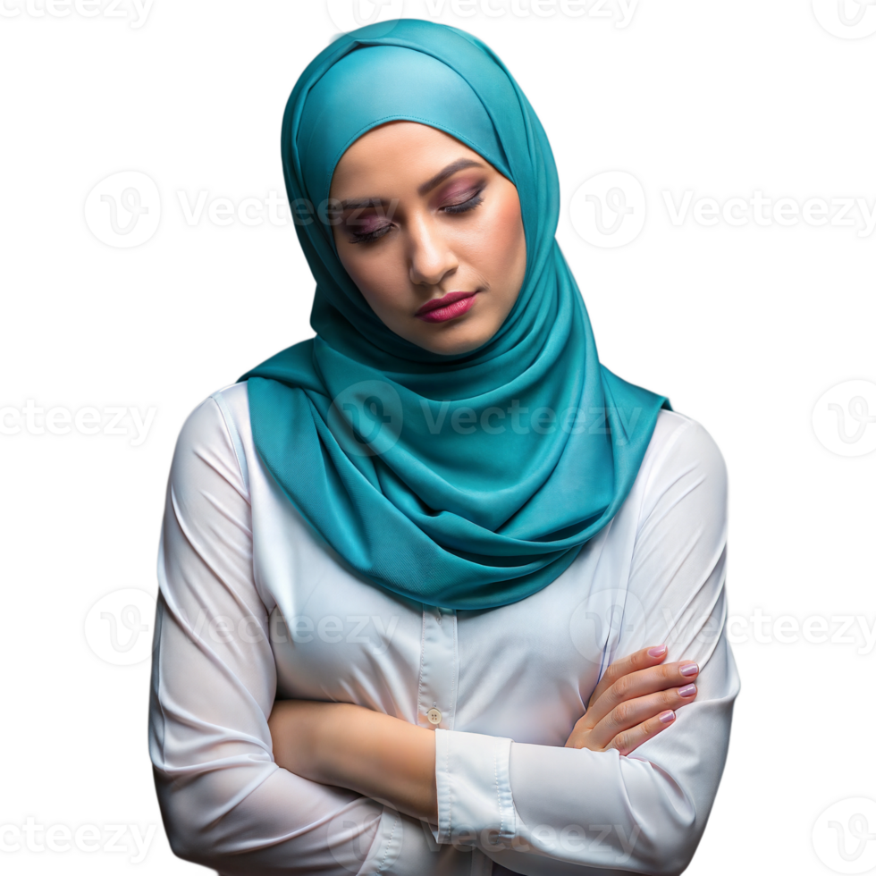 A Muslim woman wearing a headscarf, looking tired with her arms folded and her eyes closed. png