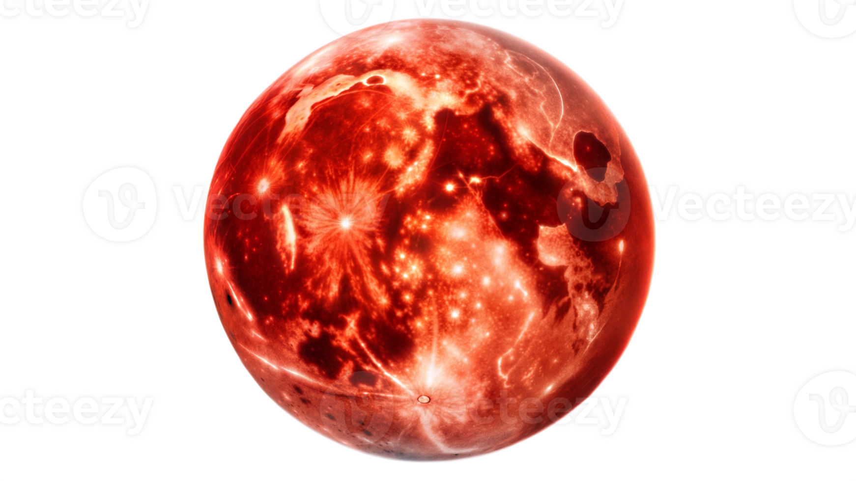 Red Planet with Fiery Details and Bright Features on Transparent Background. png